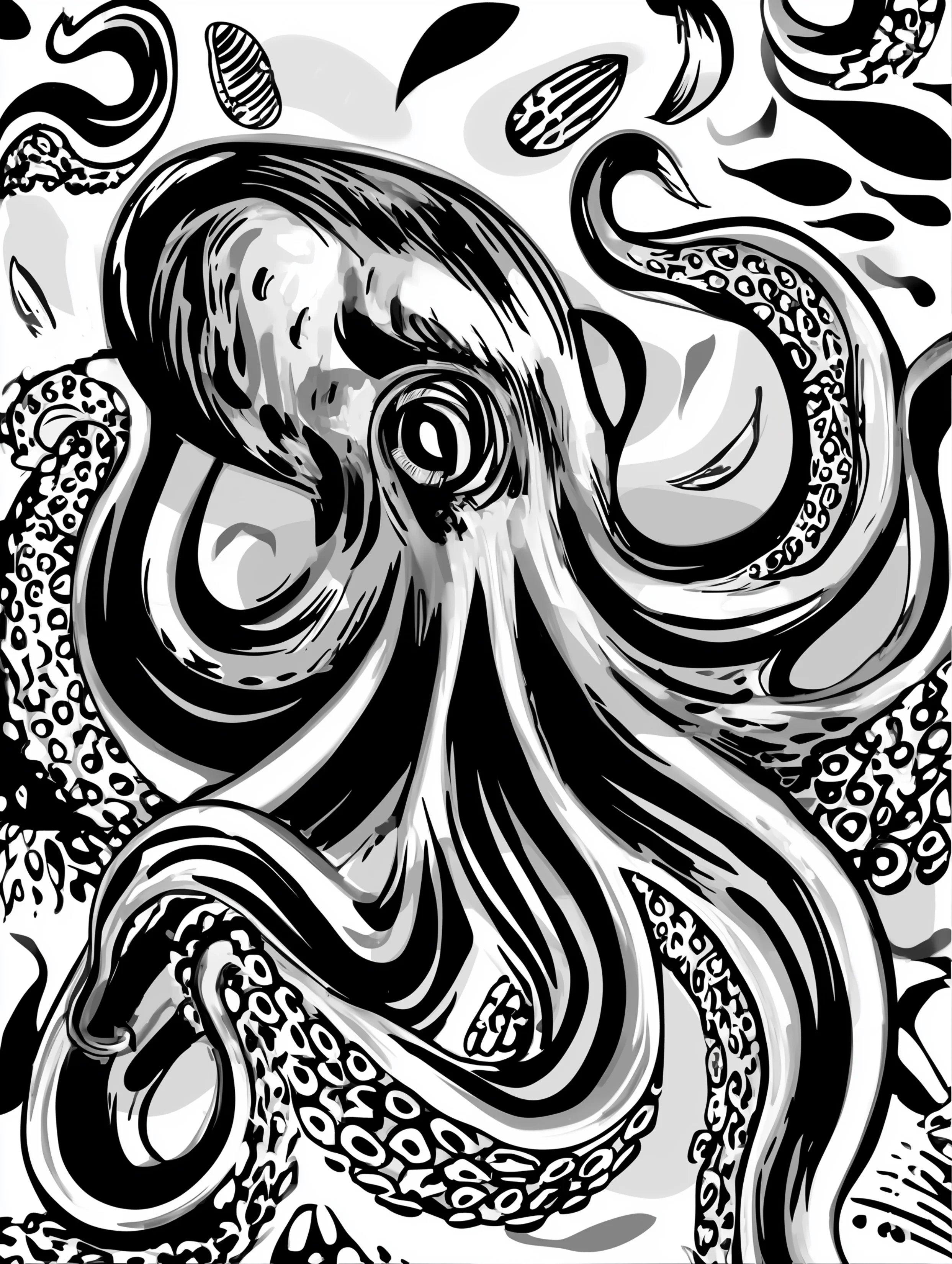 Free printable underwater coloring page for adults featuring a right facing octopus